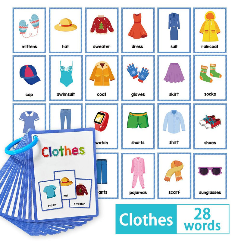 28 Palabras Ropa Ropa Tarjetas Flash Para Niños Vocabulario Divertido Palabras En Inglés Hogar Preescolar Materiales De Aprendizaje Para Niños Actividad Cognitiva Tarjetas De Bolsillo Montessori Juguete Educativo Para Niños - SACASUSA