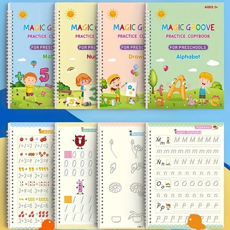 Aprende Caligrafía Inglesa con Set Mágico Reutilizable de 4 Libros para Niños; Incluye Páginas Ecológicas, Bolígrafo Ergonómico & Empuñadura, Recargas - Portátil y Perforado - SACASUSA