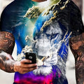 Camiseta/remera/playera con estampado de león 3D y planeta para hombre, corte entallado, mangas cortas cómodas, trajes de verano y pijamas novedosas - SACASUSA