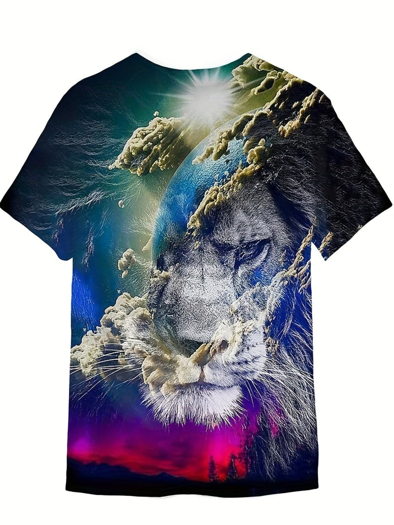 Camiseta/remera/playera con estampado de león 3D y planeta para hombre, corte entallado, mangas cortas cómodas, trajes de verano y pijamas novedosas - SACASUSA