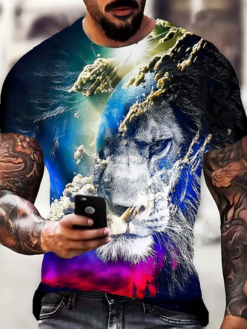 Camiseta/remera/playera con estampado de león 3D y planeta para hombre, corte entallado, mangas cortas cómodas, trajes de verano y pijamas novedosas - SACASUSA