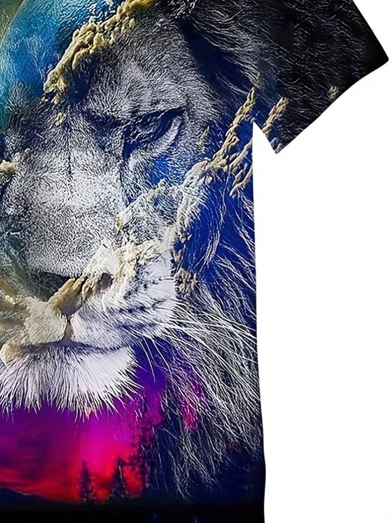 Camiseta/remera/playera con estampado de león 3D y planeta para hombre, corte entallado, mangas cortas cómodas, trajes de verano y pijamas novedosas - SACASUSA