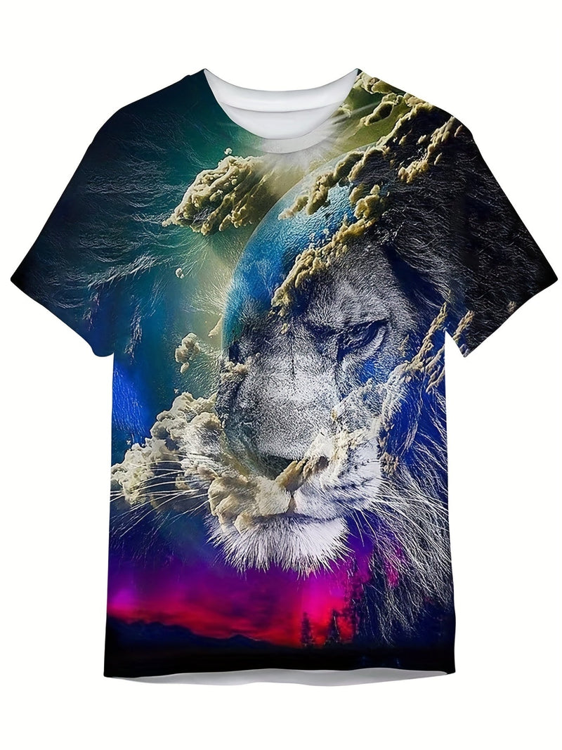 Camiseta/remera/playera con estampado de león 3D y planeta para hombre, corte entallado, mangas cortas cómodas, trajes de verano y pijamas novedosas - SACASUSA