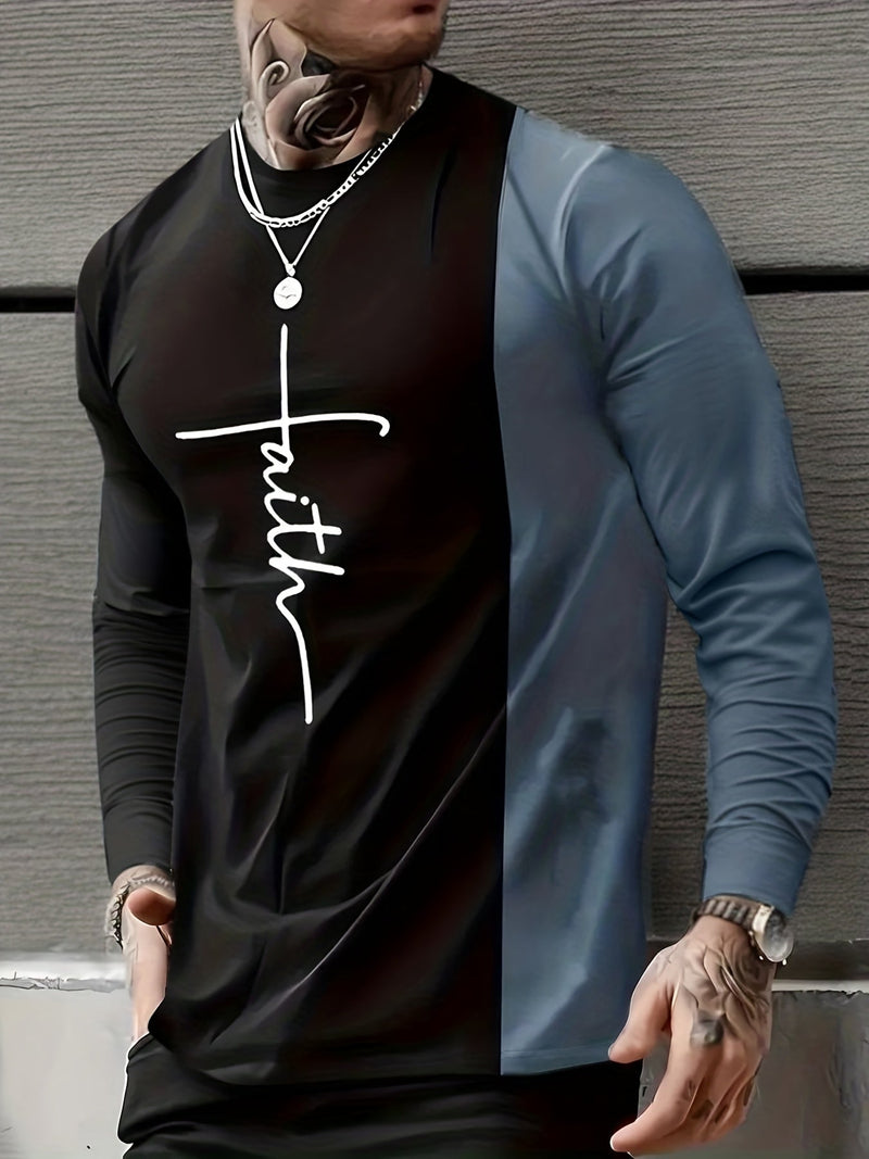 Camiseta/Remera/Playera De Bloques De Color Con Estampado De Letras "Faith" De Moda Para Hombres, Tops Gráficos Casuales De Manga Larga, Tops Cómodos Y Transpirables - SACASUSA