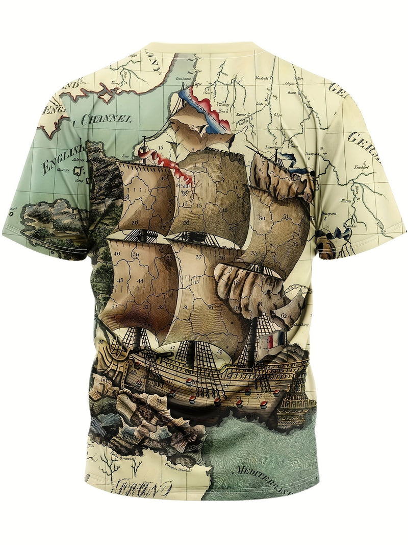 Camisetas Con Estampado De Galeón Con Cuello Redondo, Elegante Impresión Digital En 3D, Estilosas, Casuales, De Mangas Cortas, Cómodas, Ajustadas, Ropa De Verano Para Hombres. - SACASUSA