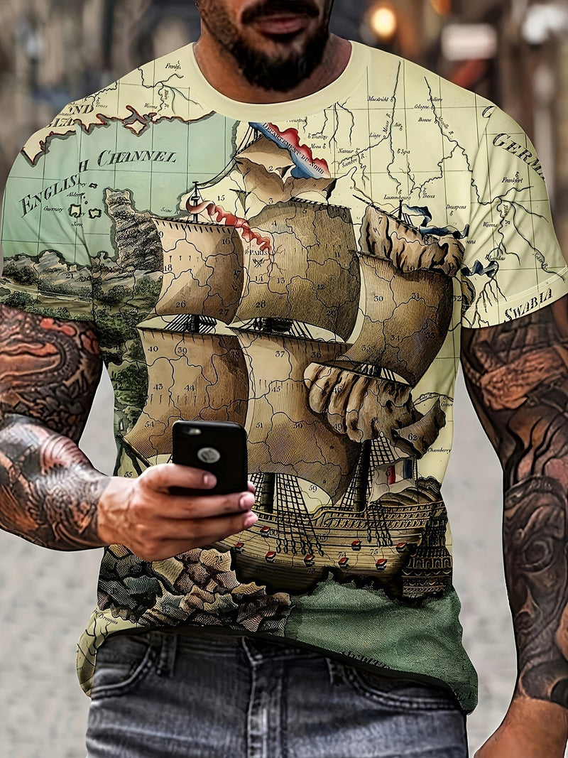 Camisetas Con Estampado De Galeón Con Cuello Redondo, Elegante Impresión Digital En 3D, Estilosas, Casuales, De Mangas Cortas, Cómodas, Ajustadas, Ropa De Verano Para Hombres. - SACASUSA