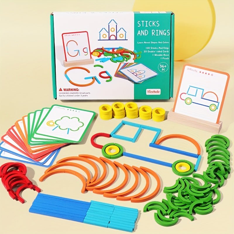 Palos y anillos creativos de madera Juego de inteligencia de rompecabezas Montessori Juguetes educativos para la primera infancia para niños Bloques de construcción, ideal para regalo - SACASUSA