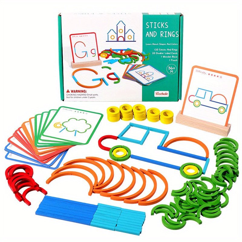 Palos y anillos creativos de madera Juego de inteligencia de rompecabezas Montessori Juguetes educativos para la primera infancia para niños Bloques de construcción, ideal para regalo - SACASUSA