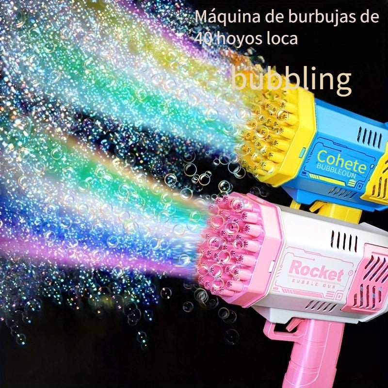 Pistola de Burbujas Gatling para Niños - Blaster Automático de 40 Agujeros con LED, Ideal para Fiestas al Aire Libre y Regalos - SACASUSA