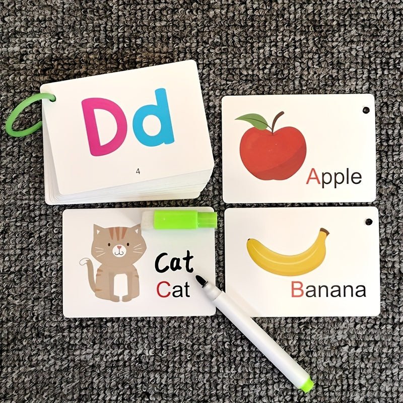 Tarjetas de Aprendizaje ABC para Niños: Limpiables y Reutilizables, Ayuda para Deletrear Mayúsculas y Minúsculas con Imágenes de Animales y Frutas - SACASUSA