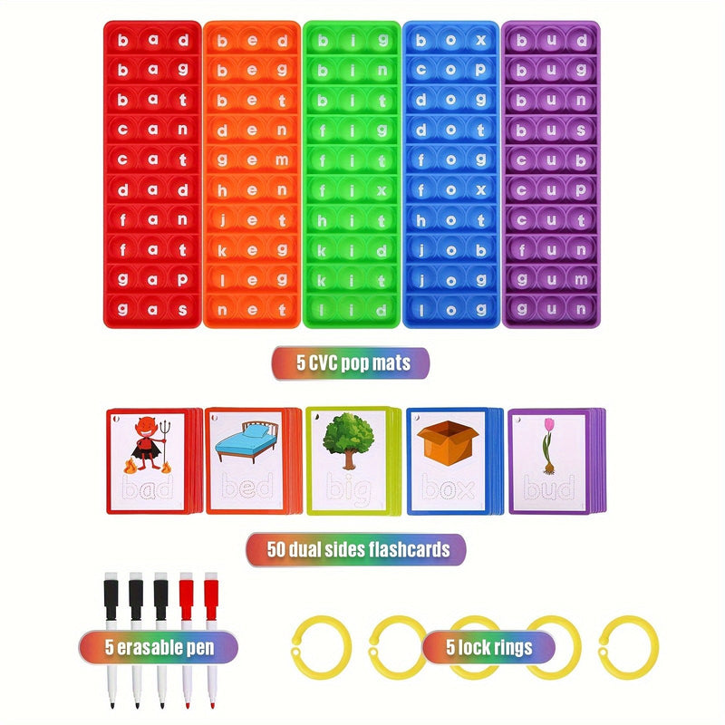 Tarjetas Didácticas Interactivas de Fonética con Juguetes Pop – Juegos de Palabras CVC Reutilizables para Leer y Escribir - SACASUSA