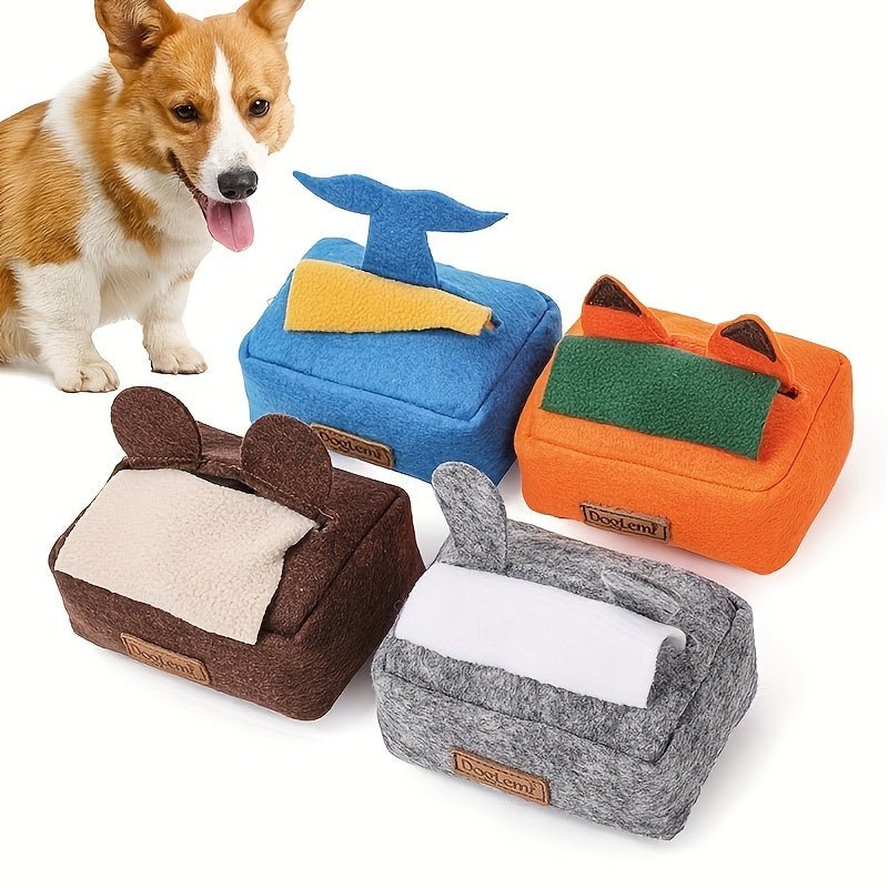 1 pieza Caja de pañuelos interactiva para mascotas, juguete con sonido, juguete para masticar con chirrido para perros, promueve la limpieza de los dientes y los beneficios del entrenamiento, accesorio de mascotas - SACASUSA