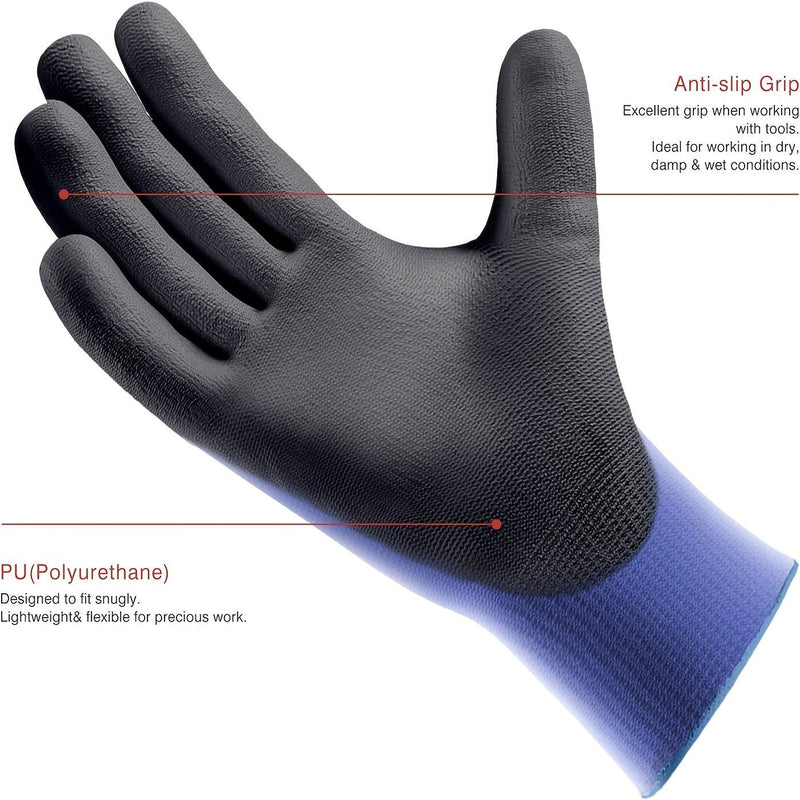 12 pares de guantes de trabajo ultradelgados con revestimiento de PU, excelente agarre, cubierta de nailon, guantes de trabajo de seguridad con revestimiento de poliuretano negro, muñequera tejida, ideales para trabajos ligeros - SACASUSA