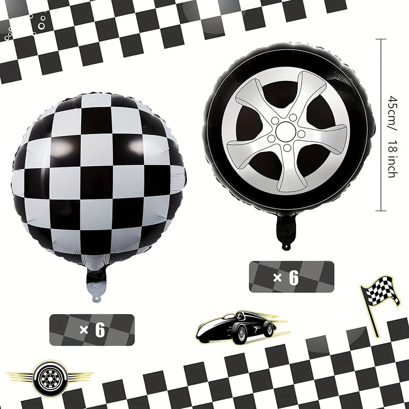 12 Piezas, 18 Pulgadas, Globo De Tela Escocesa En Blanco Y Negro, Globo De Rueda De Coche, Globo De Carreras A Cuadros, Globo De Neumático, Película De Aluminio, Bandera De Celosía, Globo De Carreras, Tema De Fiesta De Cumpleaños, Suministros - SACASUSA