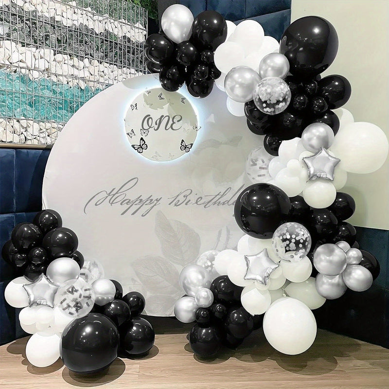 131pcs, Conjunto De Arco De Corona De Globos Negros Plateados Y Blancos Con Globos De Estrella Plateados Para Cumpleaños, Bodas, Compromisos, Aniversarios, Ceremonias De Graduación, Decoración De Soltera De Novia, Decoración De Fiesta - SACASUSA