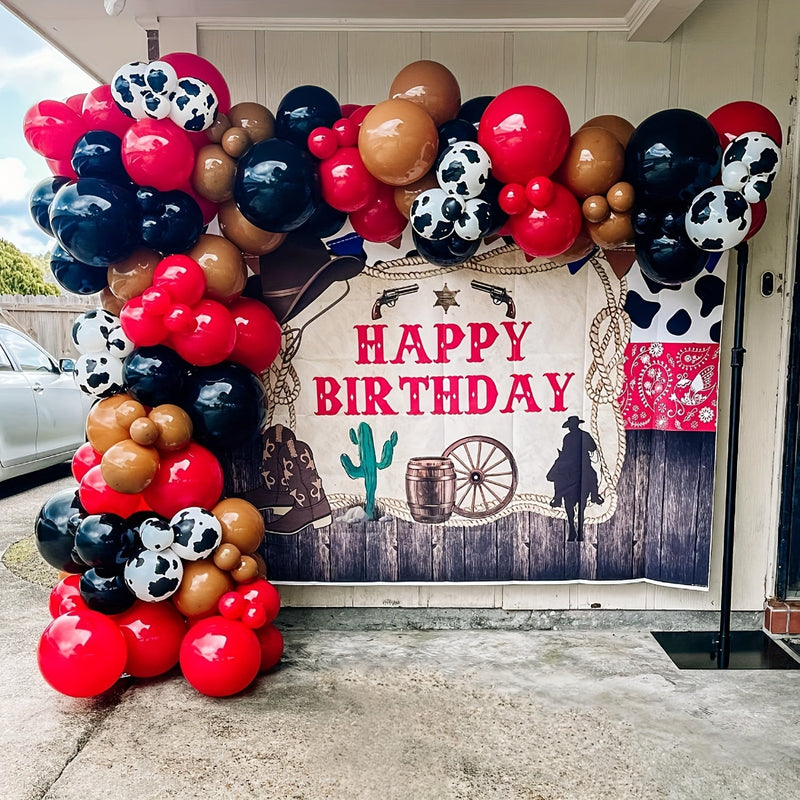 157 Piezas, Primer Kit De Arco De Guirnalda De Globos De Rodeo, Fondo De Decoración De Fiesta De Primer Rodeo Con Globo Estampado De Vaca Caqui Negra Y Roja Para Fiesta Temática De Vaquero, Baby Shower, Granja, Decoraciones De Fiesta De Cumpleaños - SACASUSA