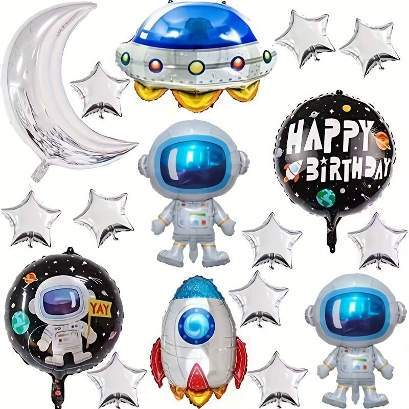 17pcs, Astronauta Spaceman Película De Aluminio Globo Cohete Nave Estrella Luna Globo, Suministros De Decoración Para Fiestas Temáticas Del Espacio Galáctico Para Niños Y Niñas, Decoración Para La Ducha, Suministros Para Fiestas Temáticas Del Espacio - SACASUSA