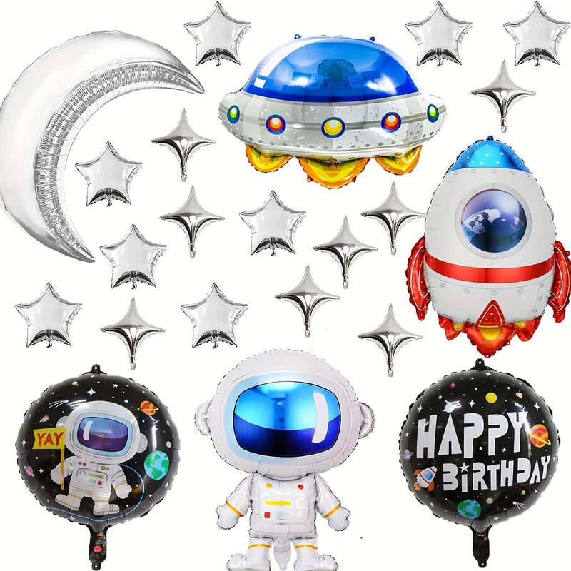 17pcs, Astronauta Spaceman Película De Aluminio Globo Cohete Nave Estrella Luna Globo, Suministros De Decoración Para Fiestas Temáticas Del Espacio Galáctico Para Niños Y Niñas, Decoración Para La Ducha, Suministros Para Fiestas Temáticas Del Espacio - SACASUSA