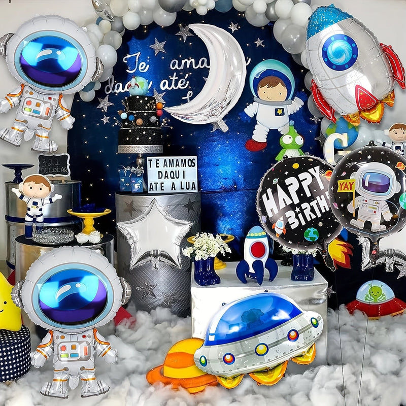 17pcs, Astronauta Spaceman Película De Aluminio Globo Cohete Nave Estrella Luna Globo, Suministros De Decoración Para Fiestas Temáticas Del Espacio Galáctico Para Niños Y Niñas, Decoración Para La Ducha, Suministros Para Fiestas Temáticas Del Espacio - SACASUSA