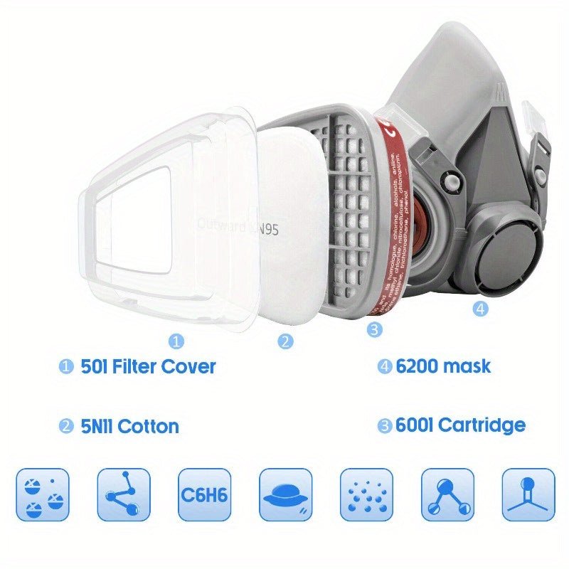 1pc 15 En 1 Media Cara Máscara De Gas, Pintura En Aerosol 6200 Respirador Máscara De Protección De Seguridad, Media Cara Cubierta Máscara De Gas Con Filtro - SACASUSA