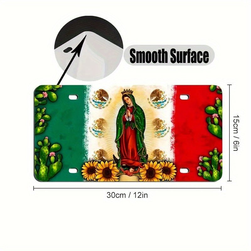 1pc Bandera Mexicana Nuestra Señora De Guadalupe Placa De Metal Para Coche, Accesorios Para Coche, Placa De Matrícula De Aluminio Para Coche - SACASUSA