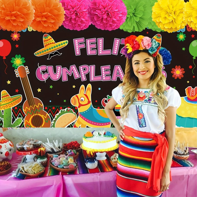 1pc, Fondo De Feliz Cumpleaños Fiesta Mexicana 5x3ft Suministros De Decoración De Fiesta De Feliz Cumpleaños, Globos De Cactus, Cartel De Mesa De Pastel De Carnaval De México Cinco De Mayo, Fondo De Fotografía Accesorios De Fotografía - SACASUSA