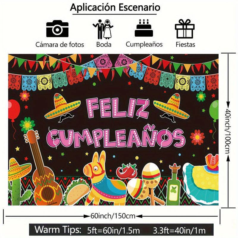 1pc, Fondo De Feliz Cumpleaños Fiesta Mexicana 5x3ft Suministros De Decoración De Fiesta De Feliz Cumpleaños, Globos De Cactus, Cartel De Mesa De Pastel De Carnaval De México Cinco De Mayo, Fondo De Fotografía Accesorios De Fotografía - SACASUSA