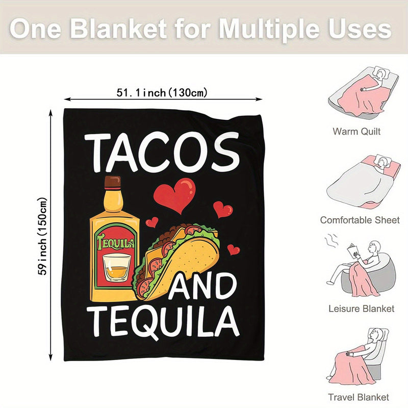 1pc Manta De Impresión Tequila Y Tacos, Manta De Franela Creativa Para Todas Las Estaciones, Manta Suave Y Cálida Para Siesta En Sofá, Oficina, Cama, Camping Y Viajes, Regalo De Halloween, Navidad, Cumpleaños Y Bodas - SACASUSA