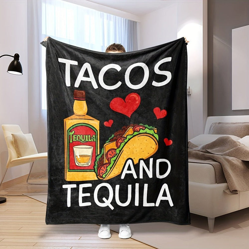 1pc Manta De Impresión Tequila Y Tacos, Manta De Franela Creativa Para Todas Las Estaciones, Manta Suave Y Cálida Para Siesta En Sofá, Oficina, Cama, Camping Y Viajes, Regalo De Halloween, Navidad, Cumpleaños Y Bodas - SACASUSA