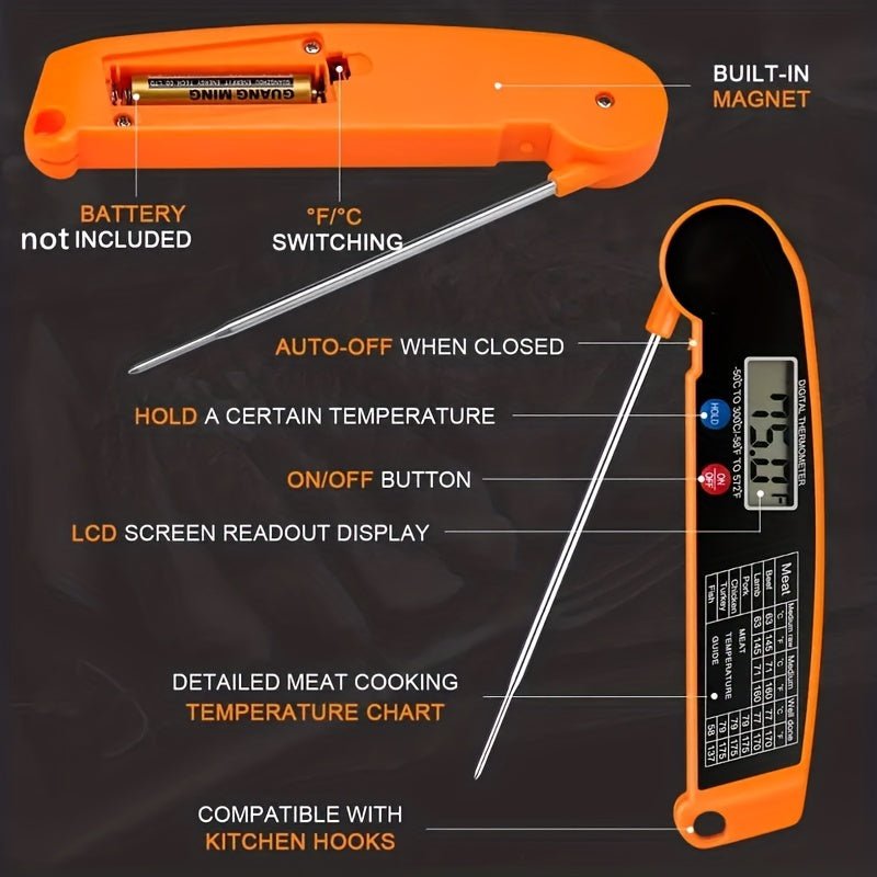 1pc Termómetros De Carne Termómetro De Cocina Digital Multifuncional Termómetro De Alimentos Termómetro Plegable Para Asar A La Parrilla BBQ Leche Agua Café (Naranja) - SACASUSA