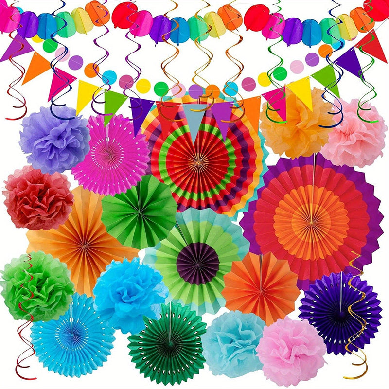 33pcs, Fiesta Mexican Party Decoration Fiesta Paper Fans Pom Poms Triangle Bunting Banner Para Fiesta Mexican Cinco De Mayo Birthday Party Supplies - SACASUSA