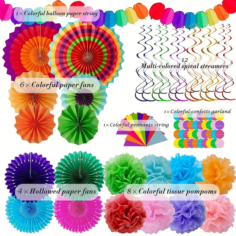 33pcs, Fiesta Mexican Party Decoration Fiesta Paper Fans Pom Poms Triangle Bunting Banner Para Fiesta Mexican Cinco De Mayo Birthday Party Supplies - SACASUSA