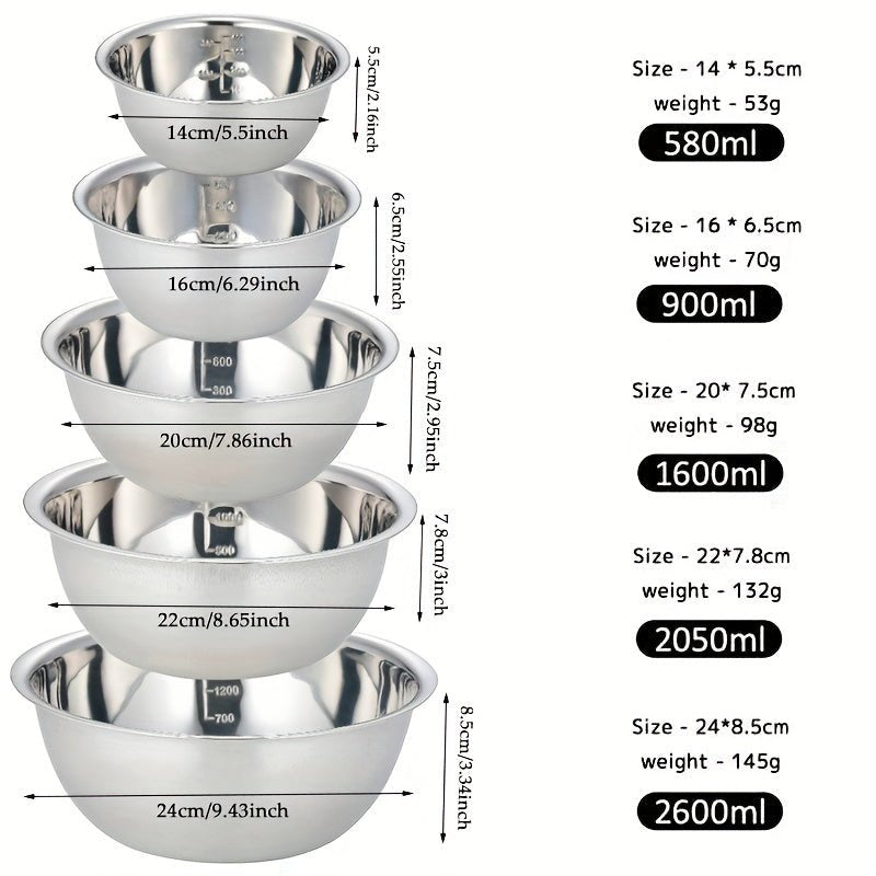 5 pzas. Juego de recipientes de acero inoxidable para mezclar antideslizantes, perfecto para cocinar y hornear, diseño encastrable para un fácil almacenamiento - SACASUSA