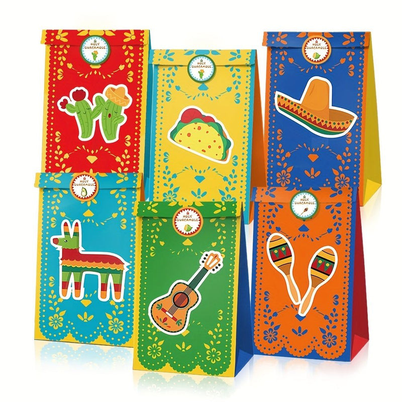 6 Uds, Tema Mexicano Fiesta De Cumpleaños Carnaval Bolsa De Dulces, Bolsa De Papel Kraft De Regalo Con Pegatina, Suministros Para Fiestas, Suministros Para Festivales, Suministros De Cumpleaños, Favores De Fiesta - SACASUSA