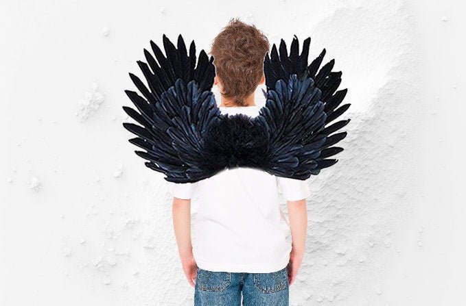 Alas de ángel de hadas de disfraz de Halloween de plumas negras pequeñas hechas a mano para niños, niñas o niños con halo gratis - SACASUSA