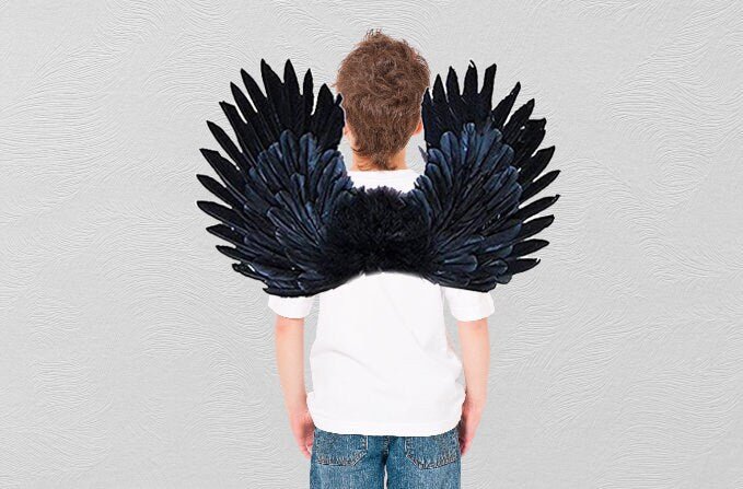 Alas de ángel de hadas de plumas para niños de 3 a 8 años con tamaño de Halo gratis 24x16 pulgadas disfraces de Halloween para niños niñas niños negro rojo blanco - SACASUSA