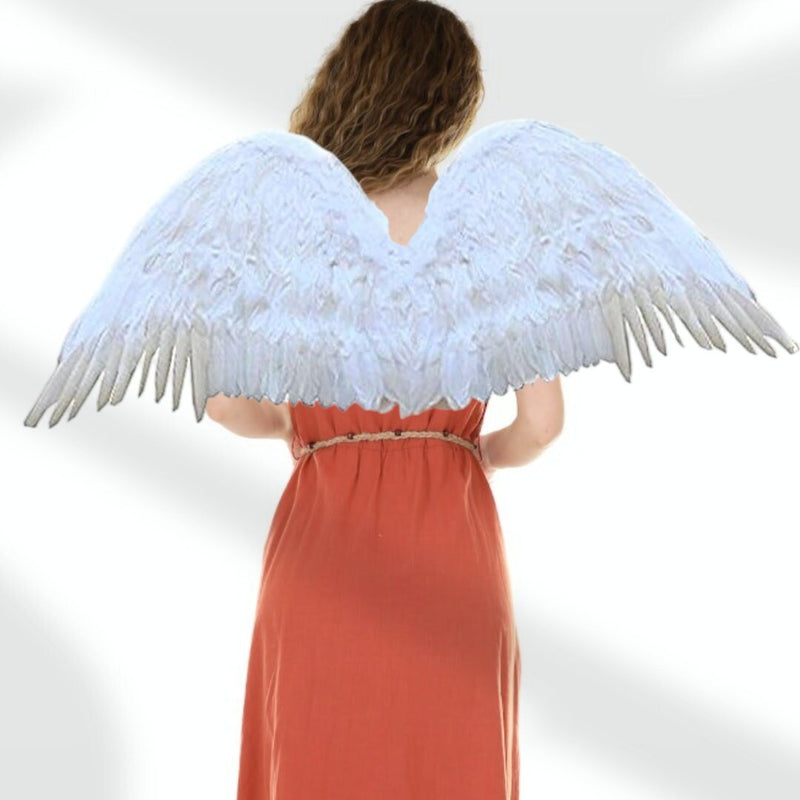 Alas de ángel de hadas grandes de plumas blancas grandes de 47x17 pulgadas con halo gratis para alas de disfraces de Halloween Hombres Mujeres Adultos L XXL - SACASUSA