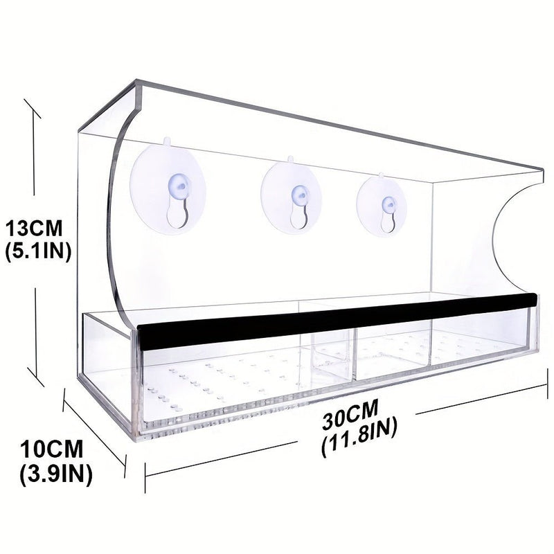 Alimentador de pájaros colgante para ventana, dispositivo de drenaje con bandeja de alimentación deslizante de techo extendido, carcasa resistente a la intemperie, jaula de vidrio transparente, con ventosa. - SACASUSA