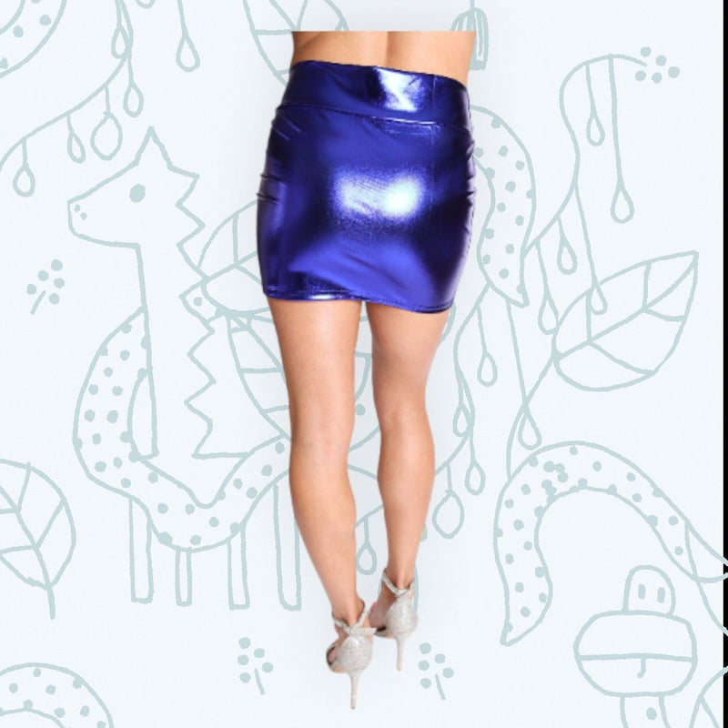 Azul real metálico elástico mini falda corta cintura alta brillante aspecto mojado spandex Halloween estiramiento fiesta clubwear bodycon chica mujeres SML - SACASUSA