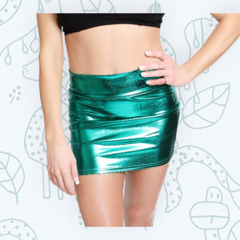 Bosque Verde Metálico Elástico Mini Falda Corta Cintura Alta Brillante Aspecto Mojado Spandex Halloween Estiramiento Fiesta Clubwear Bodycon Chica Mujer SML - SACASUSA