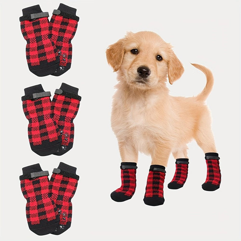 Calcetines antideslizantes a cuadros para perros, protectores de patas para interiores y exteriores, material de poliéster cómodo, cinta de gancho y bucle, adecuado para todas las razas - SACASUSA