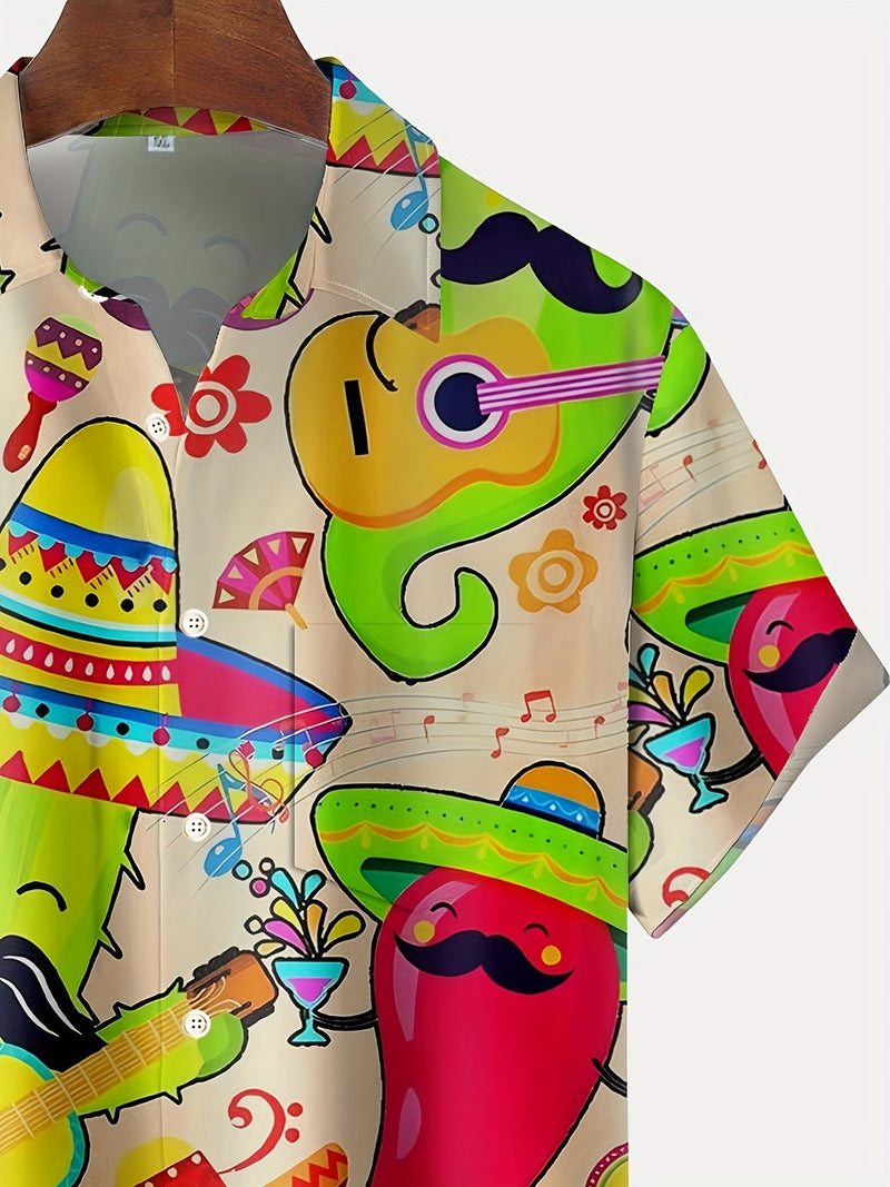 Camisa De Manga Corta Estilo Aloha Para Hombres Con Patrón De Cactus Y Pimiento En Estilo De Dibujos Animados Mexicanos, Ideal Para Vacaciones De Verano En Un Resort - SACASUSA