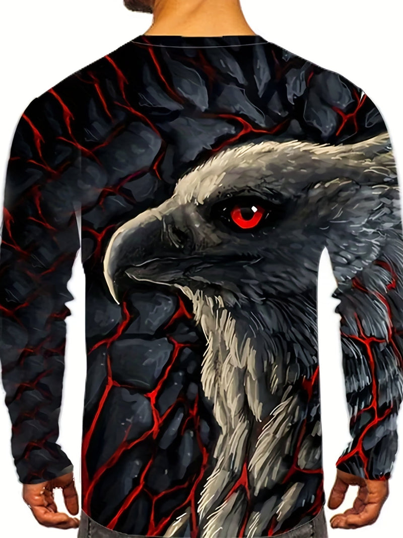 Camisas de manga larga con cuello redondo casual y estampado de águila 3D para hombres, camisetas gráficas, tops cómodos y transpirables, sudaderas con capucha, tops de pijama novedosos para hombres - SACASUSA