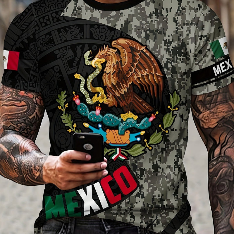 Camiseta activa con cuello redondo y diseño gráfico con temática mexica para hombre, Camisetas cómodas e informales para verano, Ropa para hombre, Tops para entrenamiento diario en el gimnasio y correr - SACASUSA