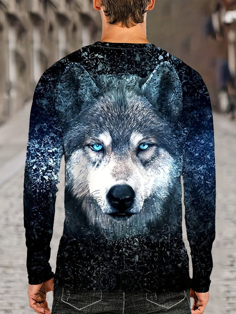 Camiseta casual de manga larga con estampado 3D de lobo , para hombre, novedad con cuello redondo, camisa con gráfico de animales, pijamas, ropa de descanso, tops diarios - SACASUSA