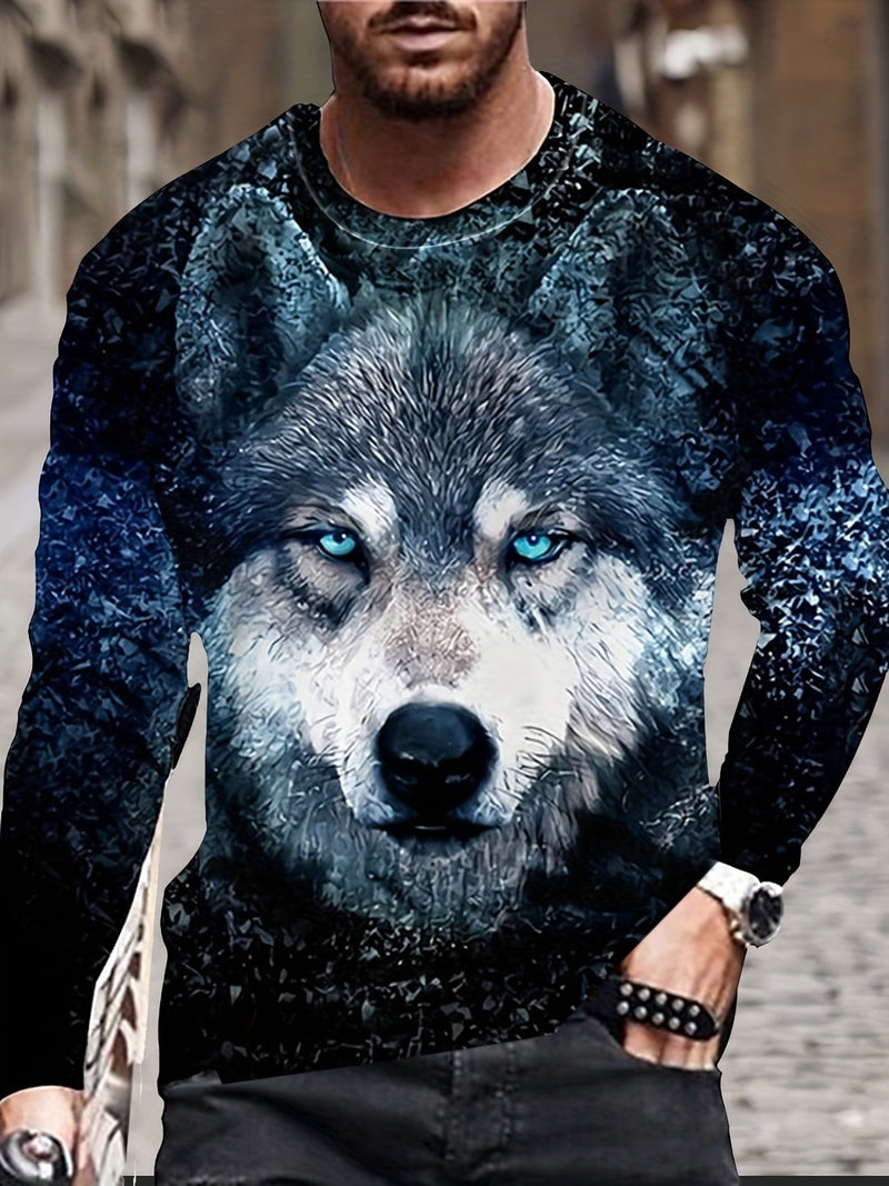 Camiseta casual de manga larga con estampado 3D de lobo , para hombre, novedad con cuello redondo, camisa con gráfico de animales, pijamas, ropa de descanso, tops diarios - SACASUSA