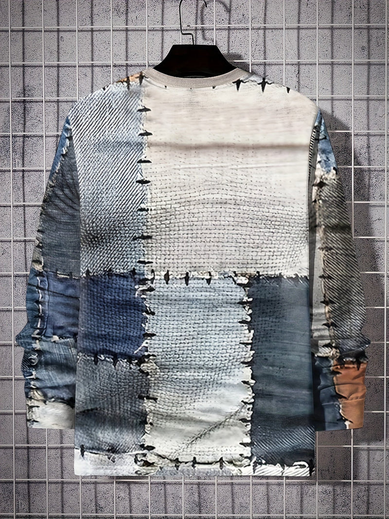 Camiseta Casual de Otoño para Hombre - Manga Larga, Cuello Redondo, Diseño Patchwork, Poliéster Fácil de Cuidar y Elástico - SACASUSA