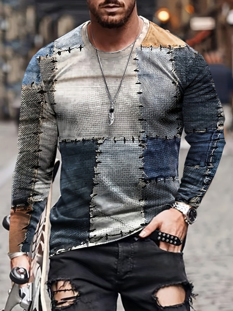 Camiseta Casual de Otoño para Hombre - Manga Larga, Cuello Redondo, Diseño Patchwork, Poliéster Fácil de Cuidar y Elástico - SACASUSA