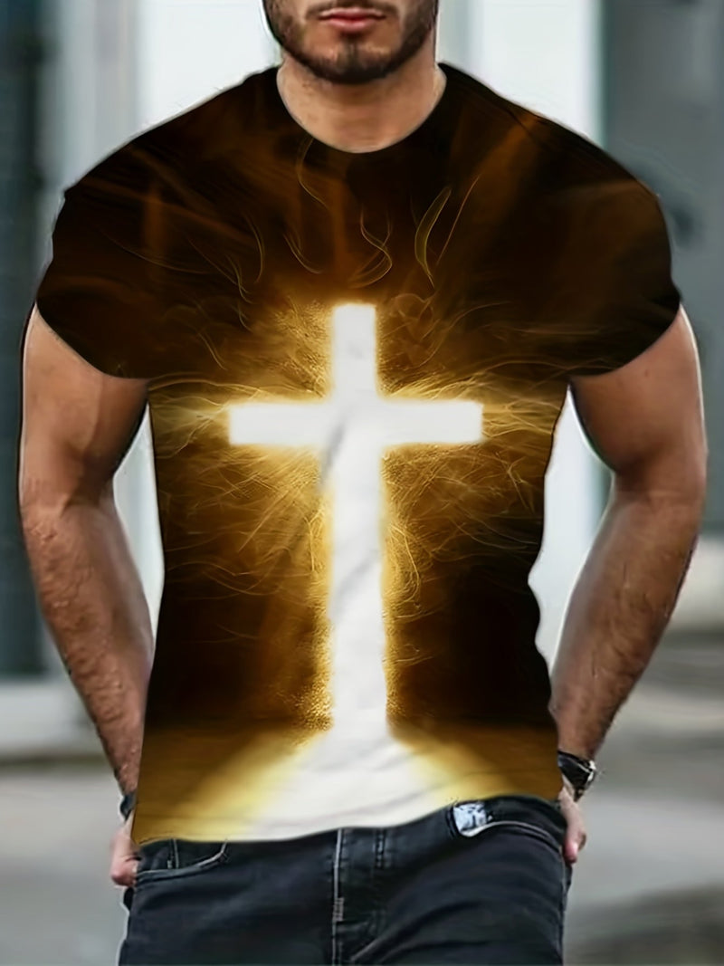 Camiseta Con Estampado 3d De Cruz De Manga Corta Con Cuello Redondo, Ropa De Moda De Verano Para Hombre - SACASUSA