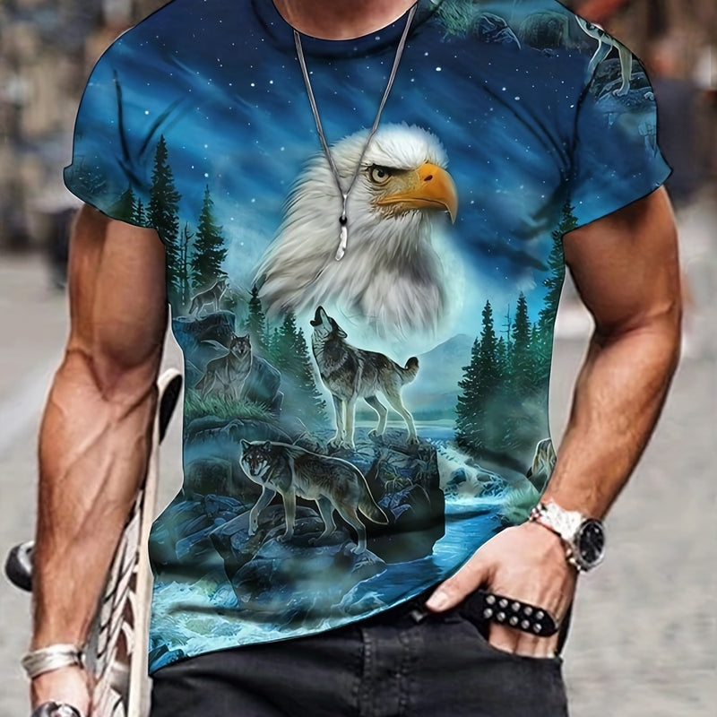 Camiseta de Hombre con Estampado 3D de Lobo y Ave - Ajuste Regular, Tejido Elástico, Cuello Redondo, Fácil de Lavar - SACASUSA